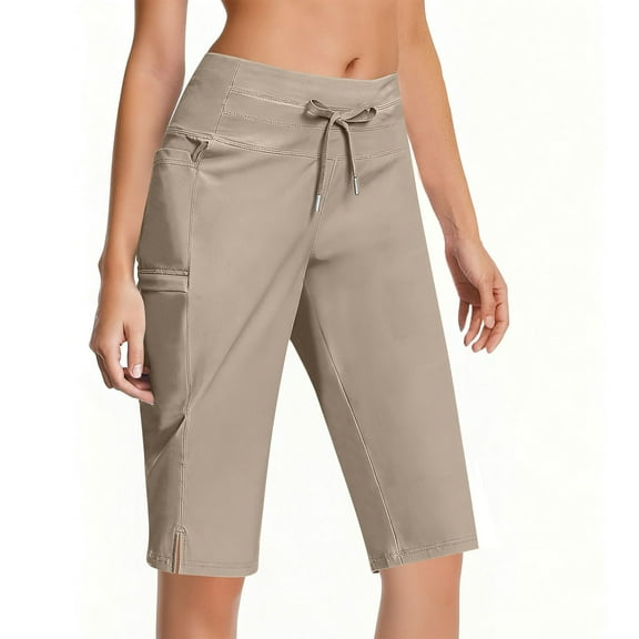 RQYYD Women's Bermuda Shorts with Pockets 11" Knee Length Stretch Comfy Drawstring Long Shorts for Women Summer Walking Khaki L