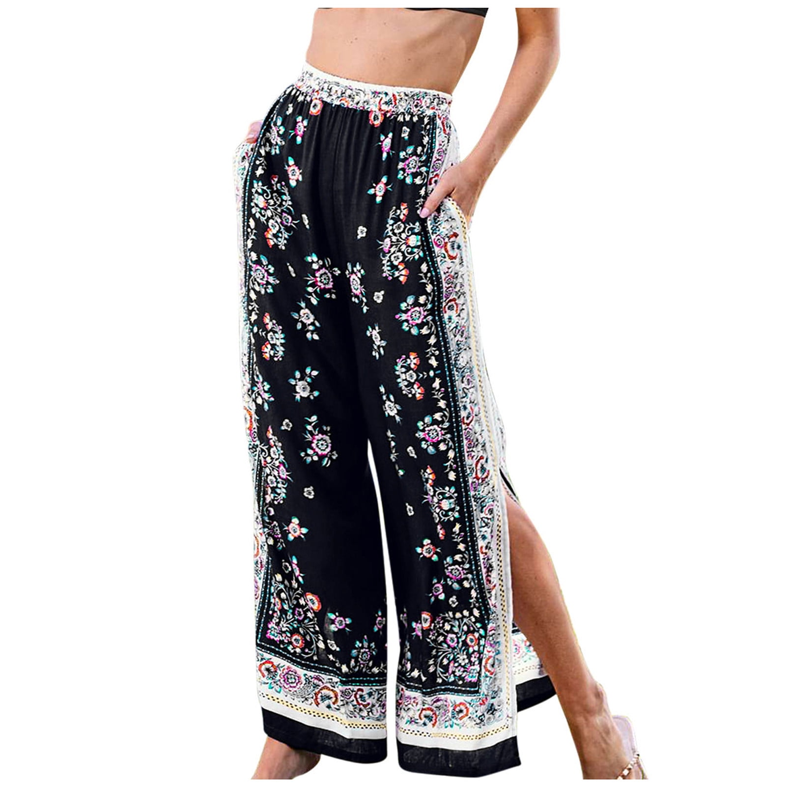 RQYYD Women's Boho Floral Printed Casual Yoga Pants Palazzo Side Split Wide  Leg Harem Flowy Trousers Black M 
