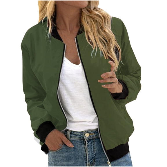 RQYYD Women's Bomber Jacket Casual Long Sleeve Coat Zip Up Outerwear Windbreaker with Pockets