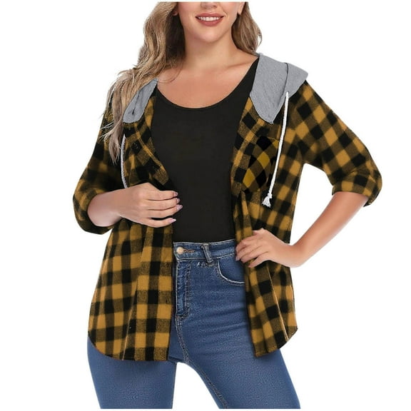 RQYYD Women's Buffalo Plaid Hoodie Long Sleeve Jacket Button Drawstring Casual Fall Shirts