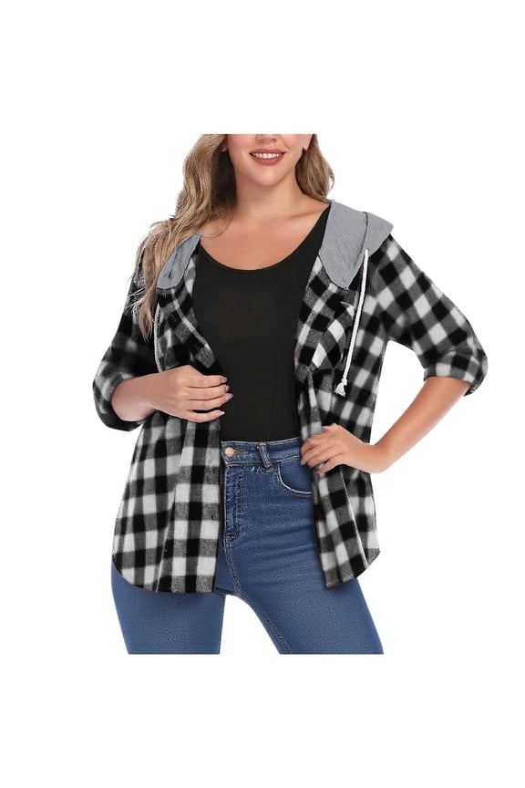 Women's Buffalo Plaid Hoodie Long Sleeve Jacket Button Drawstring Casual Fall Shirts