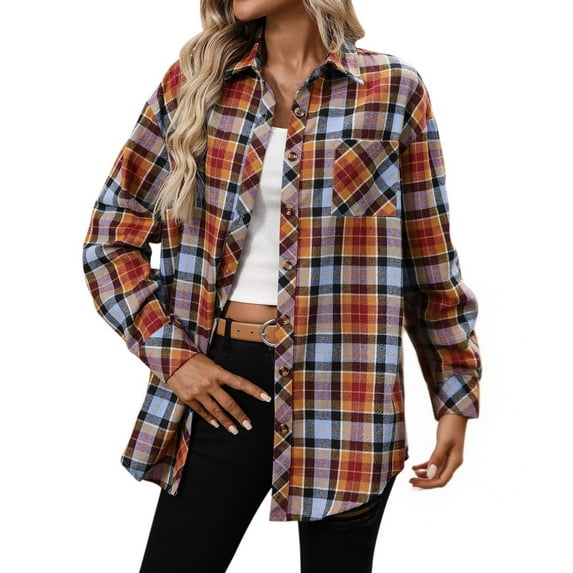 RQYYD Women's Button Down Flannel Shirts Plaid Shacket Long Sleeve Collared Business Casual Tops Work Blouses