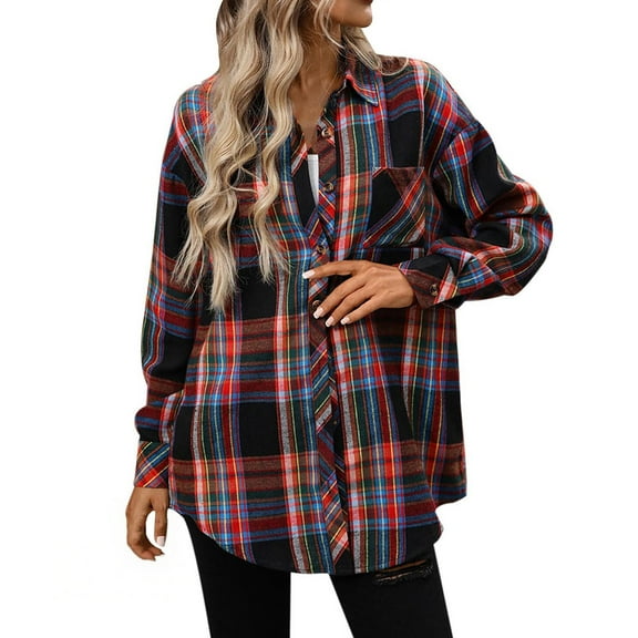 RQYYD Women's Button Down Flannel Shirts Plaid Shacket Long Sleeve Collared Business Casual Tops Work Blouses