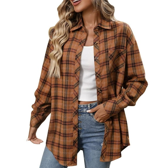 RQYYD Women's Button Down Flannel Shirts Plaid Shacket Long Sleeve Collared Business Casual Tops Work Blouses