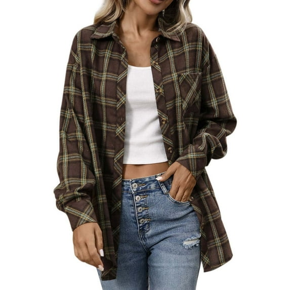 RQYYD Women's Button Down Flannel Shirts Plaid Shacket Long Sleeve Collared Business Casual Tops Work Blouses
