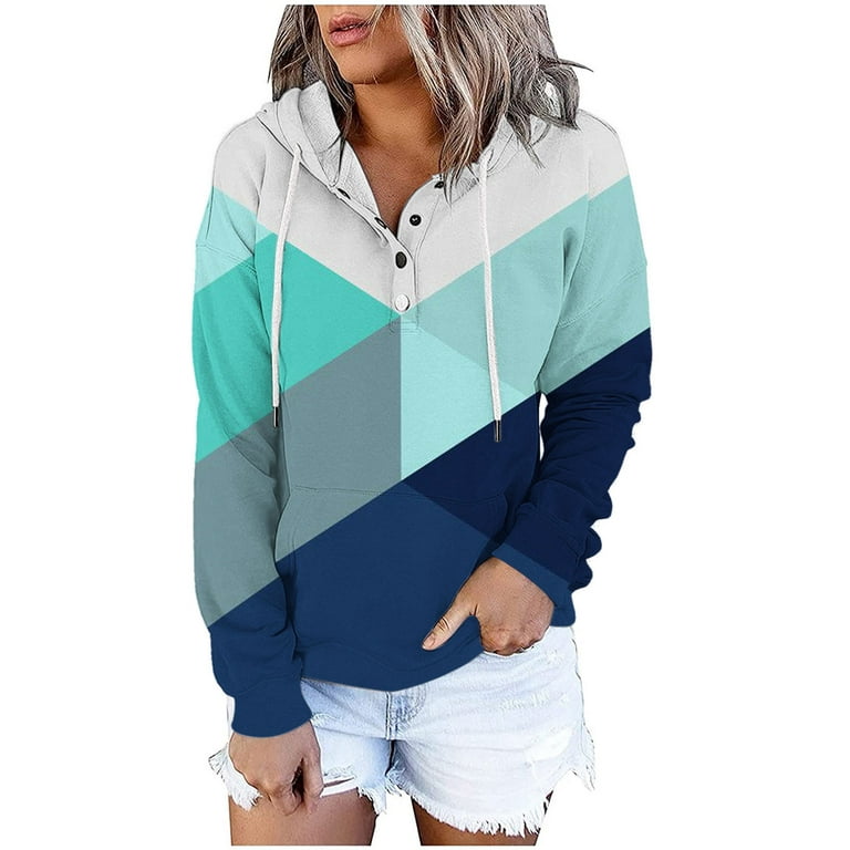 RQYYD Women's Button Up V Neck Hoodies Casual Long Sleeve Color Block  Sweatshirts Loose Drawstring Pullover Tops with Kangaroo Pockets(Light  Blue,XXL) 