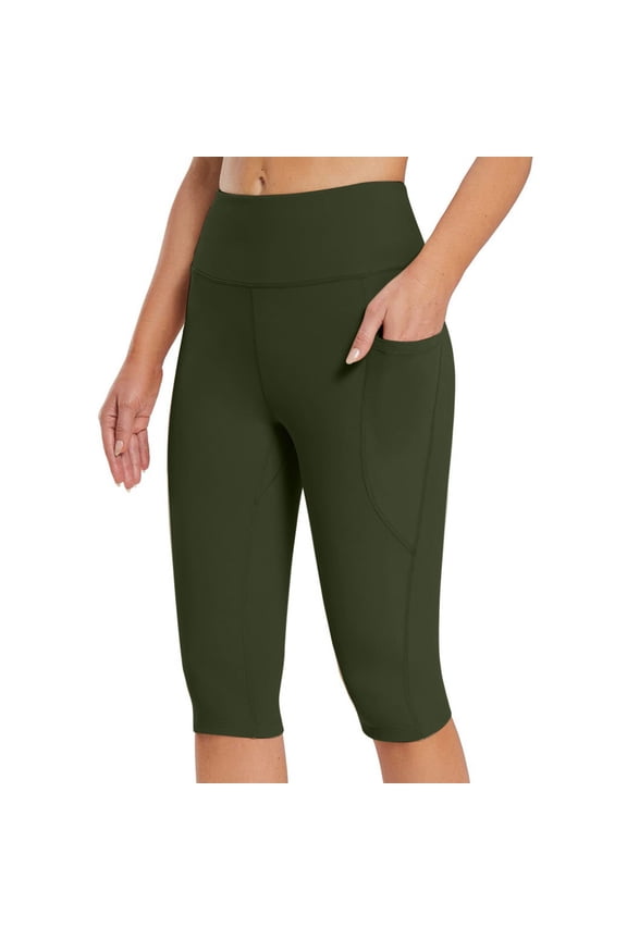 Women's Capri Leggings with Pockets High Waisted Knee Length Capris Stretch for Casual Yoga Pants Workout Exercise Army Green XXL