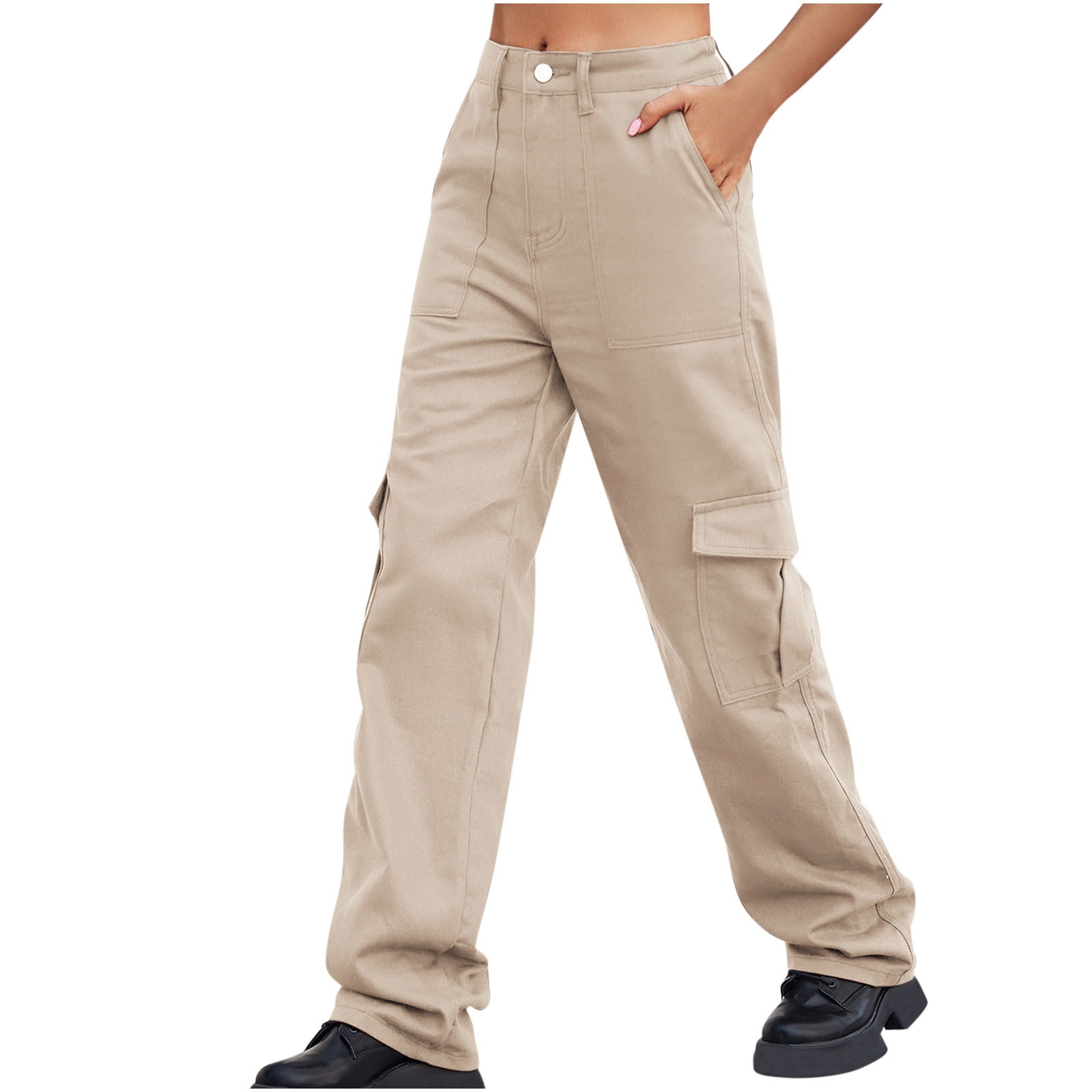 RQYYD Women's Cargo Pants High Waist Stretch Jeans Wide Leg Baggy Pockets  Solid Casual Lightweight Straight Y2K Pants(Khaki,M)