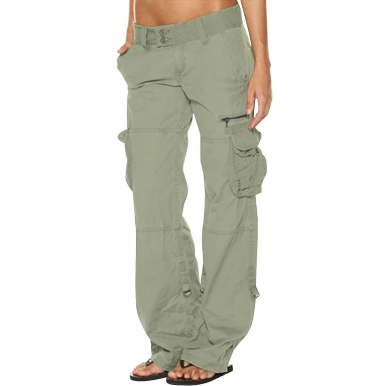 RQYYD Women's Cargo Pants Low Rise Casual Multi-Pockets Wide Leg