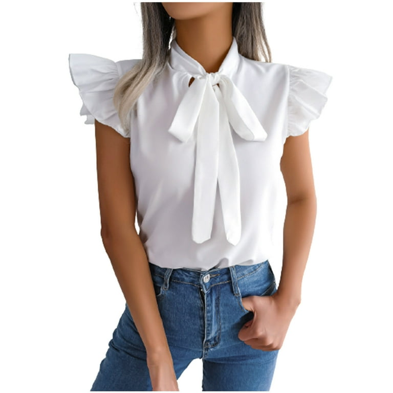RQYYD Women's Casual Bow Tie Neck Ruffle Trim Cap Sleeve Blouse Summer  Solid Color Office Work Chiffon Shirt Tops(White,S)