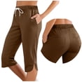 thumbnail image 1 of RQYYD Women's Casual Capri Pants Elastic High Waist Drawstring 3/4 Length Lounge Split Hem Pants with Pockets, 1 of 6