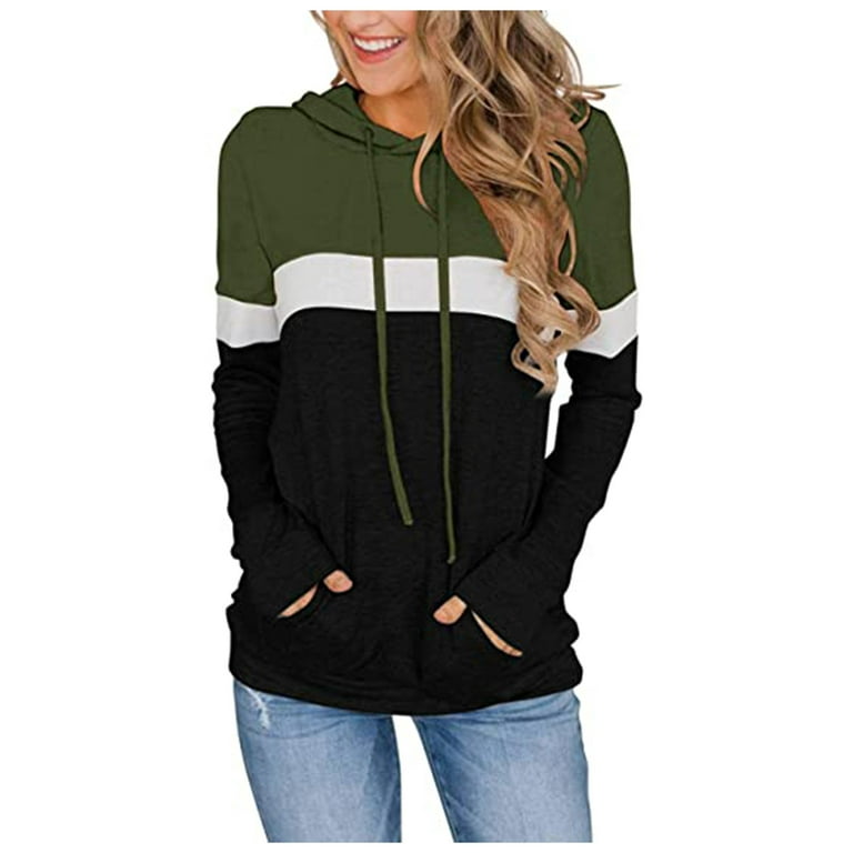 RQYYD Women's Casual Color Block Hoodies Tops Long Sleeve Drawstring  Pullover Sweatshirts with Pocket Black&Green L 
