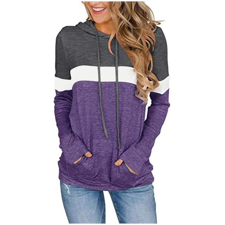 Womens Colorblock Long Sleeve Hoodie Drawstring Sweatshirt Pullover Tops  Blouse