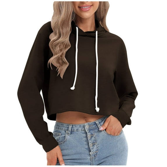 RQYYD Women's Casual Cropped Hoodie Long Sleeves Drawstring Sweatshirts Cute Loose Pullover Workout Crop Tops