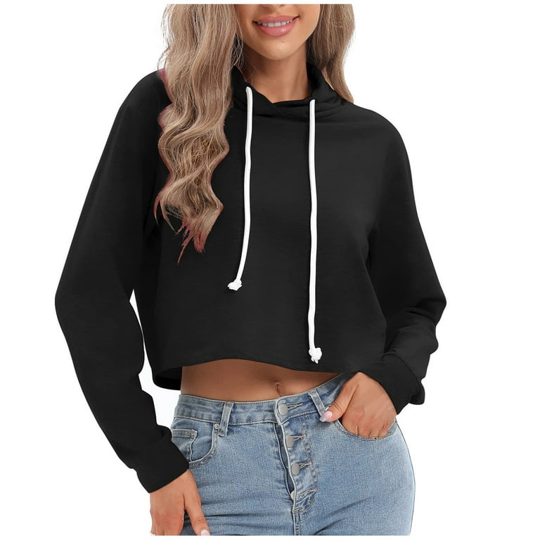 RQYYD Women's Casual Cropped Hoodie Long Sleeves Drawstring Sweatshirts  Cute Loose Pullover Workout Crop Tops 