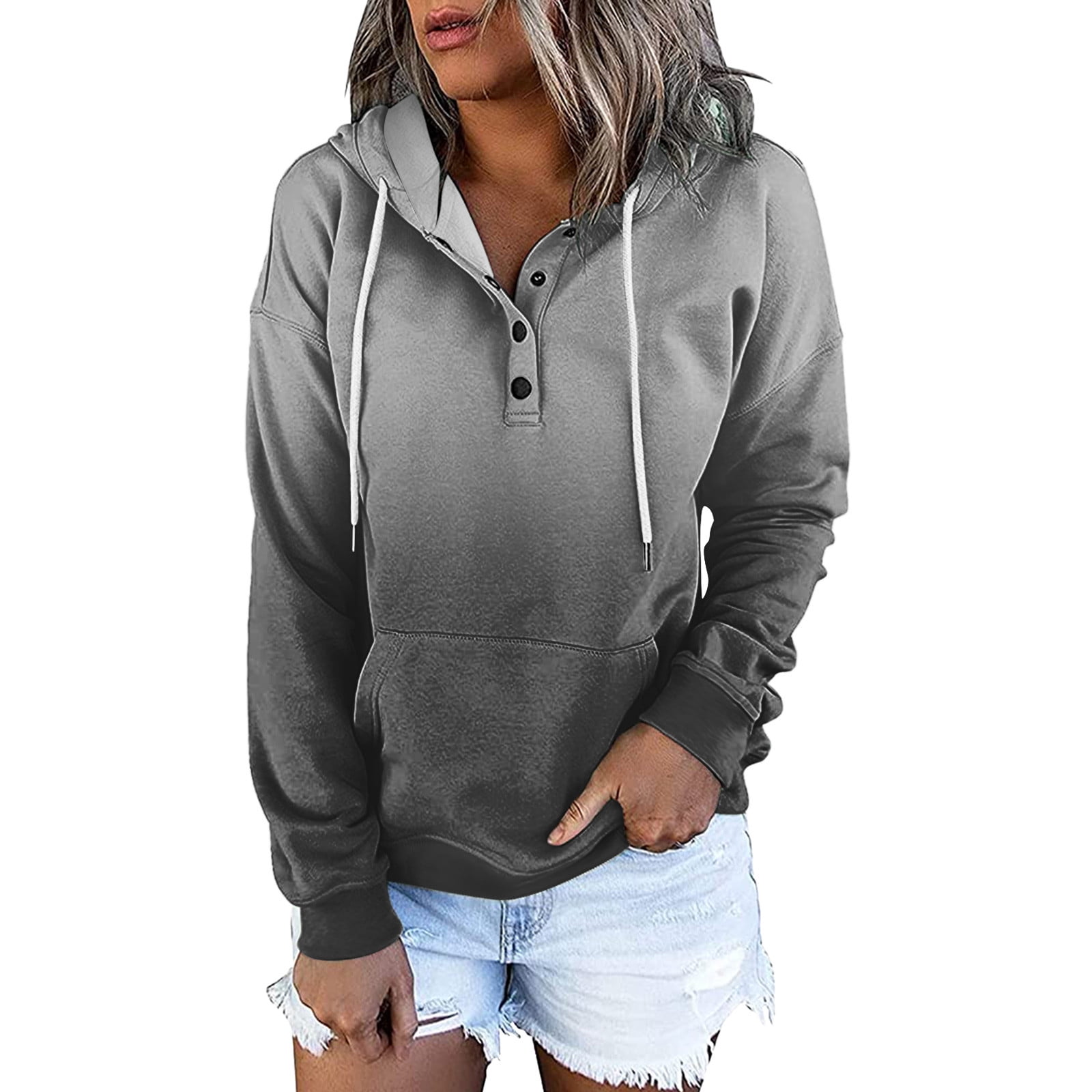 RQYYD Women's Casual Gradient Hoodies Long Sleeve Sweatshirt Fall Drawstring  Pullover Button Up Tops with Pocket (Black,XXL) 