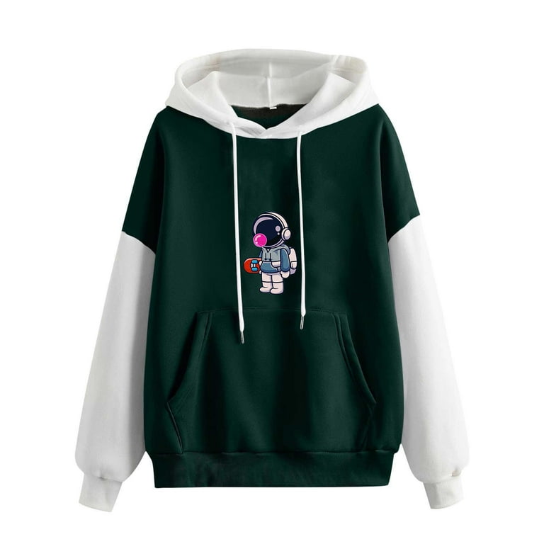 RQYYD Women s Casual Hoodies Astronaut Graphic Long Sleeve Drawstring Pullover Sweatshirt with Kangaroo Pocket