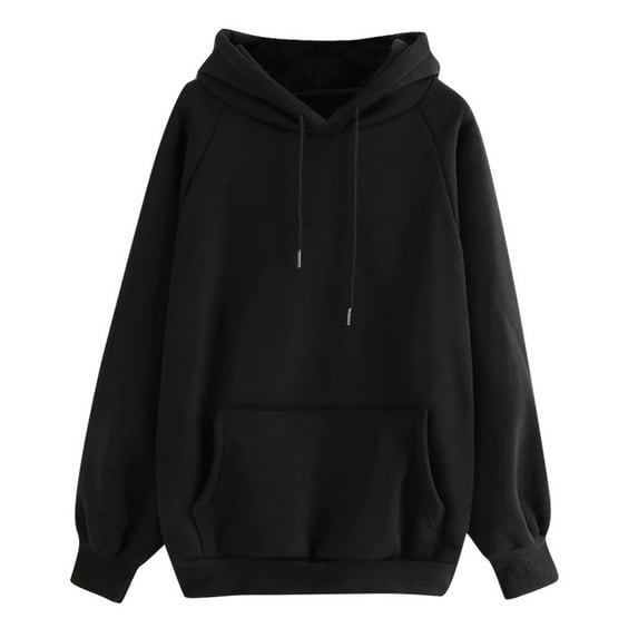 RQYYD Women's Casual Hoodies Long Sleeve Solid Lightweight Pullover Tops Loose Drawstring Sweatshirt with Pocket (Black,XL)