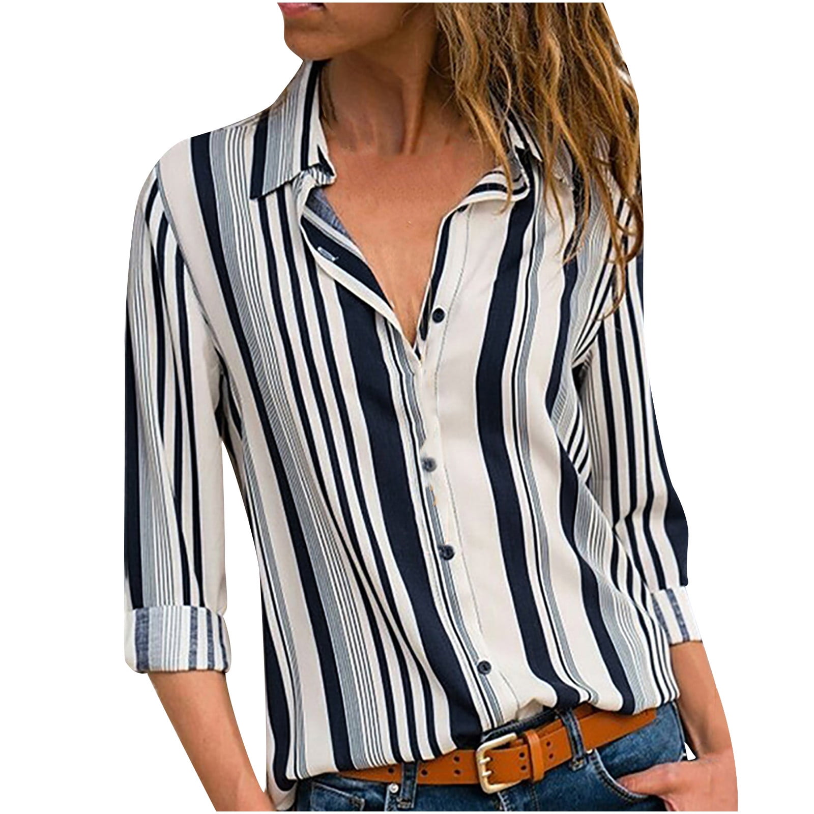 RQYYD Women's Casual Striped Button Down Shirts Long Sleeve V Neck ...