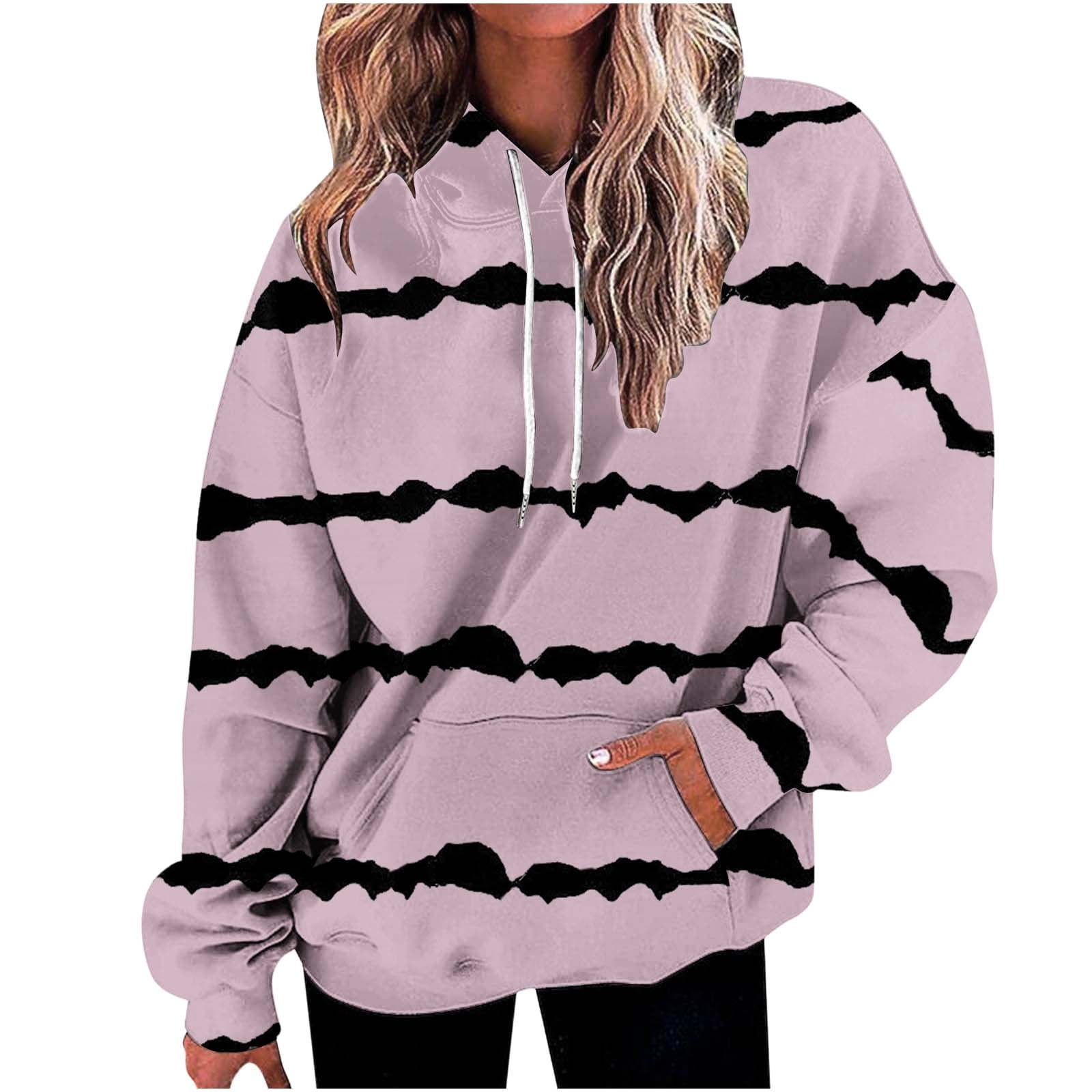 RQYYD Women's Color Block Drawstring Hoodies Pullover Lightweight Long  Sleeve Tops Casual Loose Striped Hooded Sweatshirt with Kangaroo Pocket Pink  XXL 