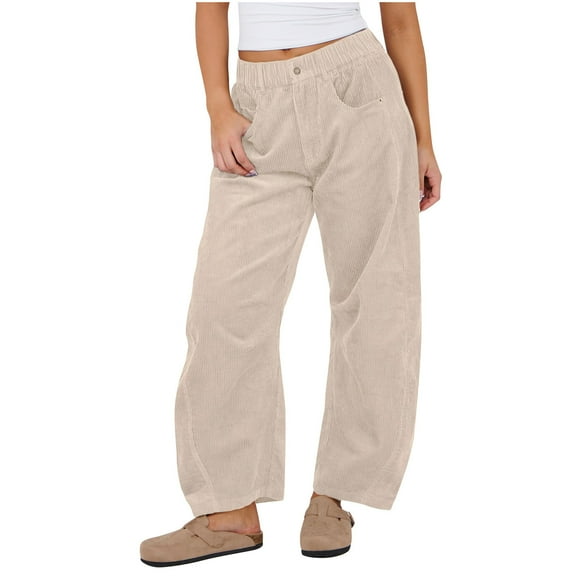 RQYYD Women's Corduroy Pants Barrel Mid-Rise Elastic Waist Cord Pants Casual Wide Leg Baggy Trouser with Pockets