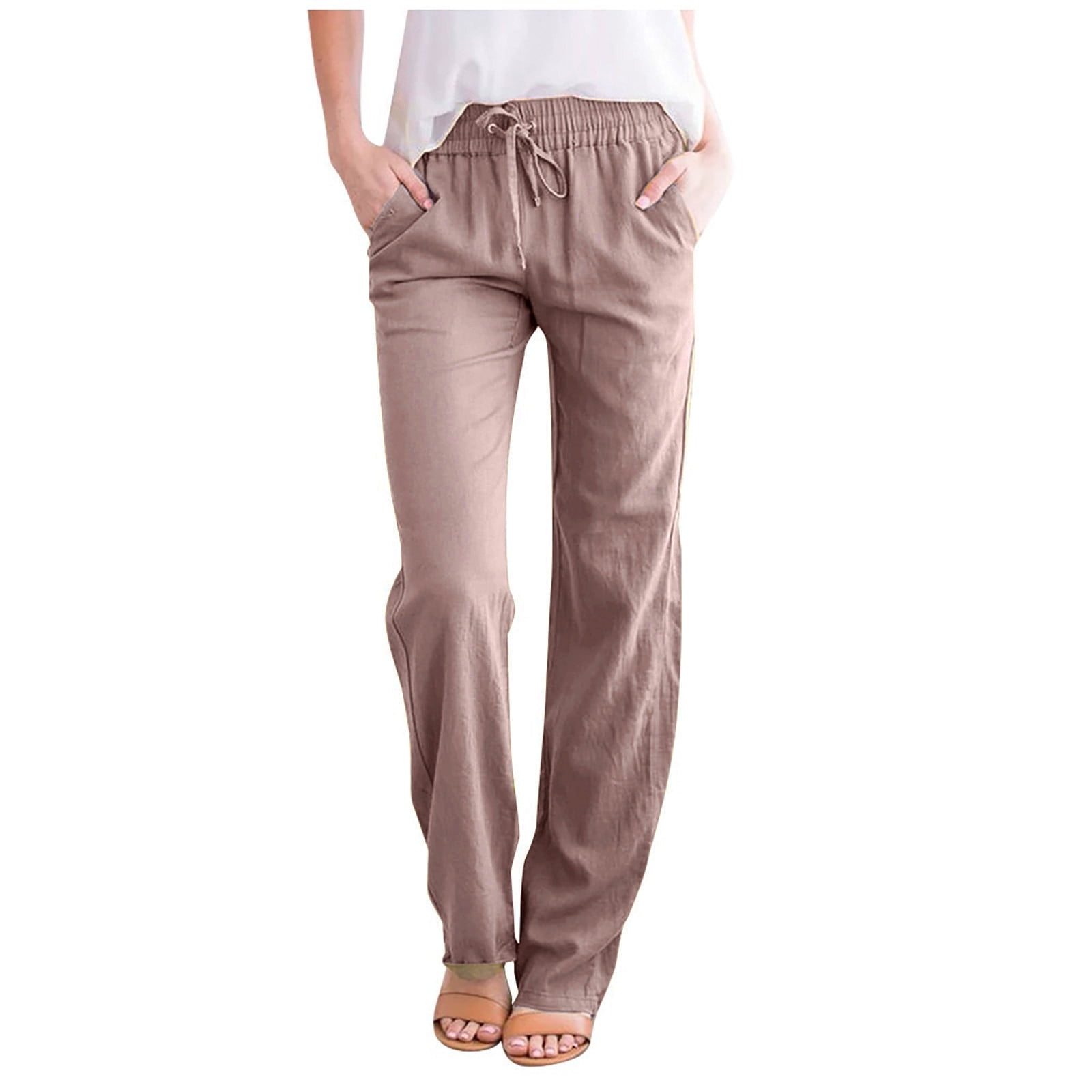 RQYYD Women's Cotton Linen Pants Drawstring Elastic Waist Side Pockets High  Rise Solid Casual Loose Trousers Pants(Khaki,XXL) 