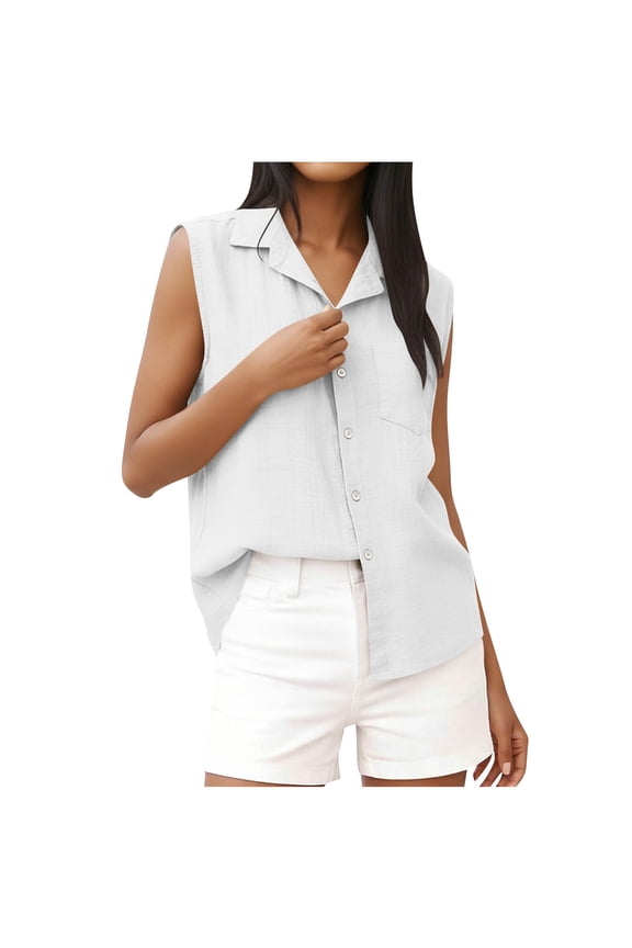 Women's Cotton Linen Sleeveless Collared Blouse Oversized Button Up Chest Pocket Casual Summer Tank Top