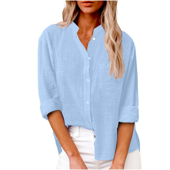 RQYYD Women's Cotton and Linen Button Down Shirts Long Sleeve Solid Color Lapel V Neck Blouse Casual Fall Work Tunic Tops