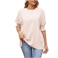 thumbnail image 1 of RQYYD Women's Crewneck Puff Sleeve Blouses Summer Casual Work Office Dressy Tops Solid Loose Fit Elegant Shirts(Beige,XL), 1 of 5