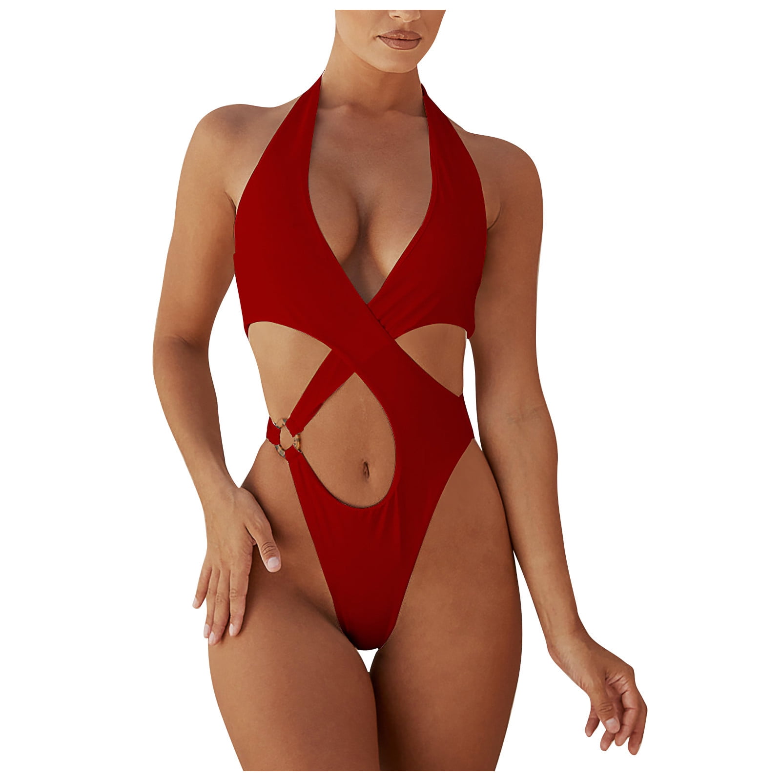 RQYYD Women's Criss Cross Halter One Piece Swimsuits O Ring Solid