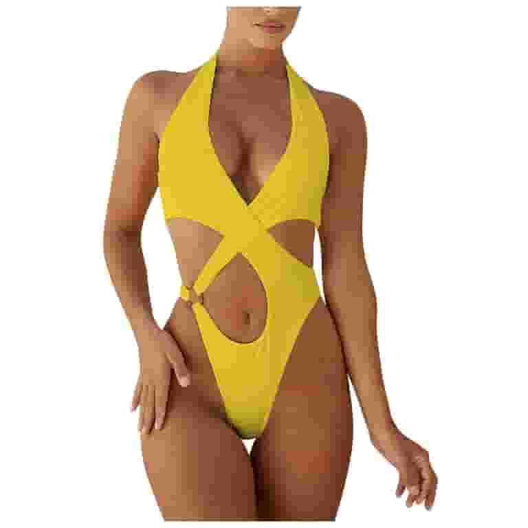 ★PISCESS★Photo Graphic One-Piece Swimsuit★Yellow★大人気 RQYYD Women's Criss Cross Halter One Piece Swimsuits Sexy O