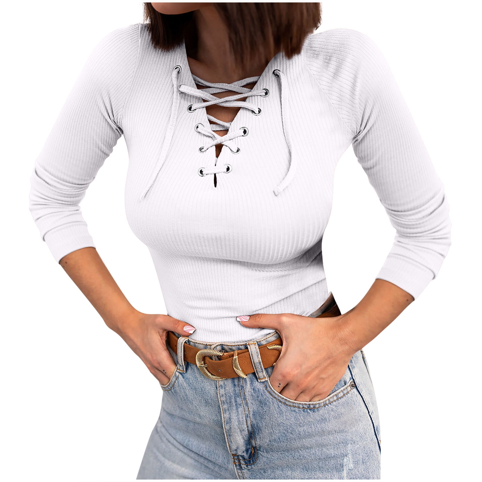 トップス lace up design no sleeve tops RQYYD Women's Criss Cross Lace Up V Neck Long Sleeve Tops