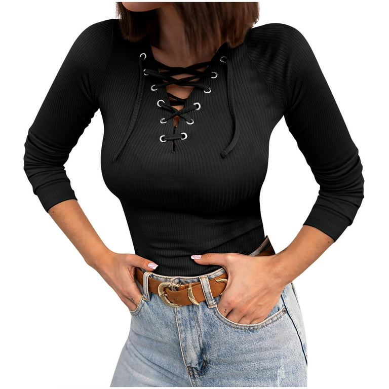 RQYYD Women's Criss Cross Lace Up V Neck Long Sleeve Tops Sexy Ribbed Knit  Slim Fitted T-Shirts Blouses Casual Tee Shirts Top Black XL 
