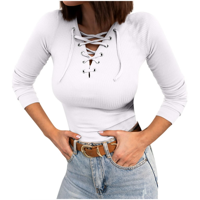 RQYYD Women's Criss Cross Lace Up V Neck Long Sleeve Tops Sexy Ribbed Knit  Slim Fitted T-Shirts Blouses Casual Tee Shirts Top White L 