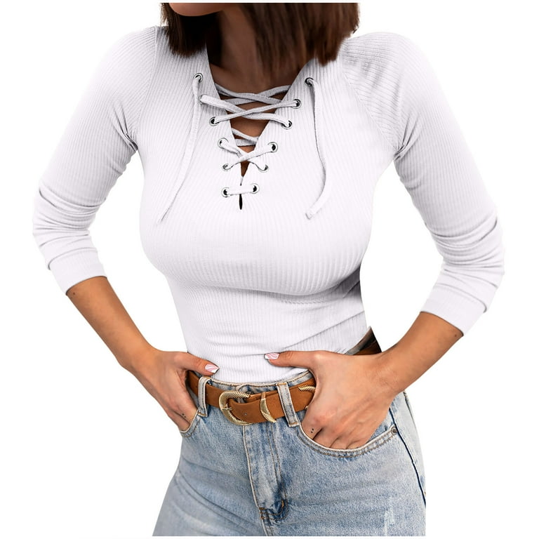 RQYYD Women's Criss Cross Lace Up V Neck Long Sleeve Tops Ribbed Knit Slim Fitted T-Shirts Blouses Casual Tee Shirts Top White L RQYYD Women's Criss Cross Lace Up V Neck Long Sleeve Tops Ribbed Knit Slim Fitted T-Shirts Blouses Casual Tee Shirts Top White L