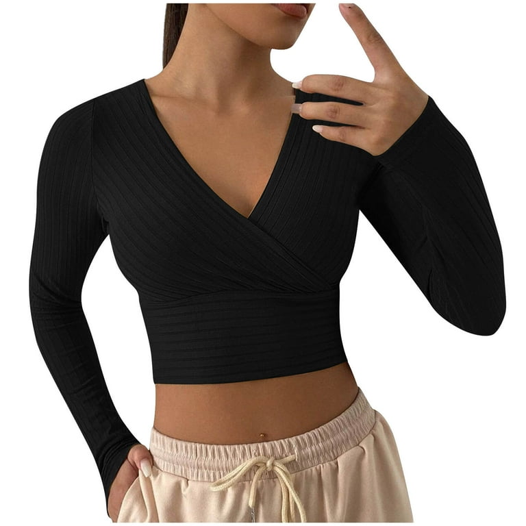 RQYYD Women's Deep V Neck Long Sleeve Cross Wrap Front Crop