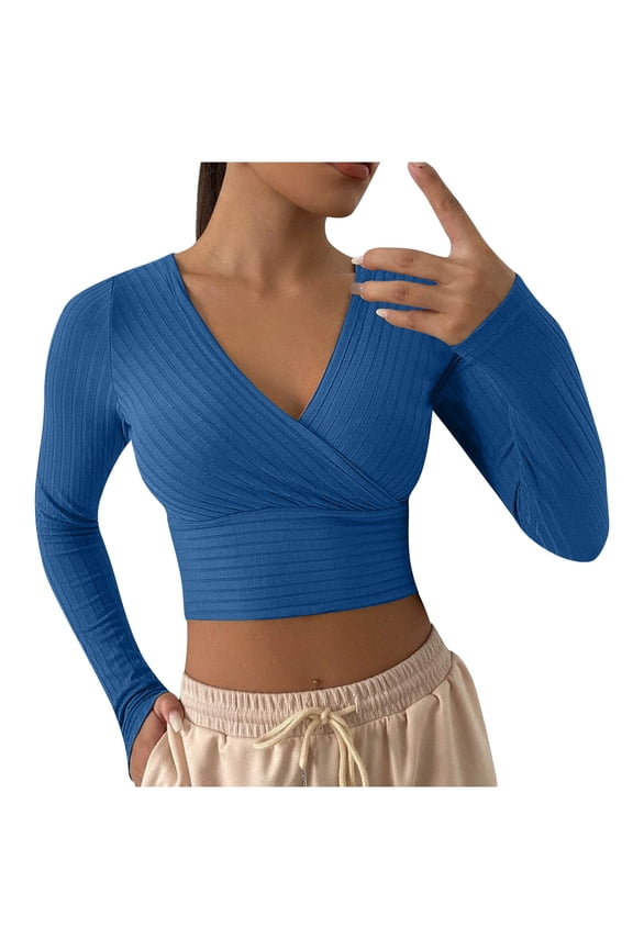 Women's Deep V Neck Long Sleeve Cross Wrap Front Crop Tops Casual Slim Knitted Pullover Sweater Ribbed Short Tops Blue 3XL