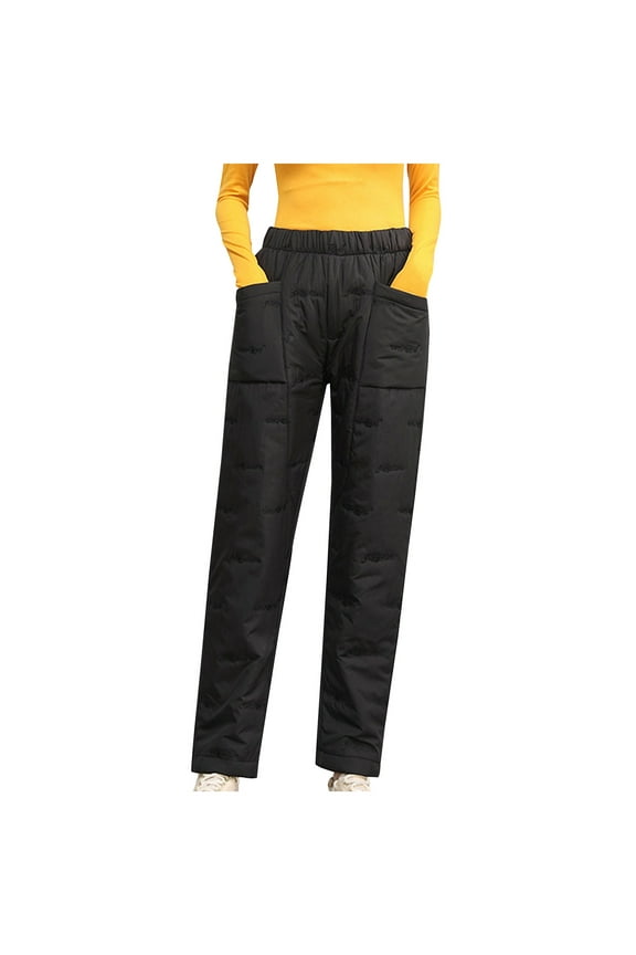 Women's Down Pants Classic Elastic High Waist Quilted Padded Tapered Leg Warm Pants Winter Lightweight Puffer Snow Trousers Black M