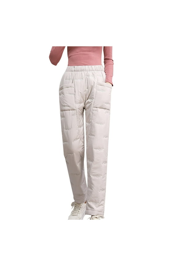 Women's Down Pants Classic Elastic High Waist Quilted Padded Tapered Leg Warm Pants Winter Lightweight Puffer Snow Trousers White 3XL