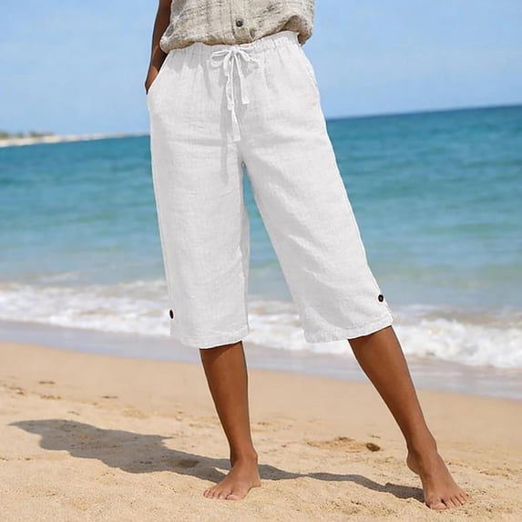 RQYYD Women's Drawstring Cropped Pants Casual Loose Button Pocket Trousers Lightweight Linen Summer Beach Bottoms