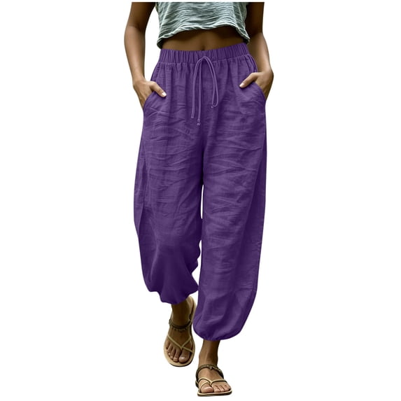 RQYYD Women's Drawstring Linen Lantern Pants Casual Loose Lightweight Breathable Comfortable Boho Trousers
