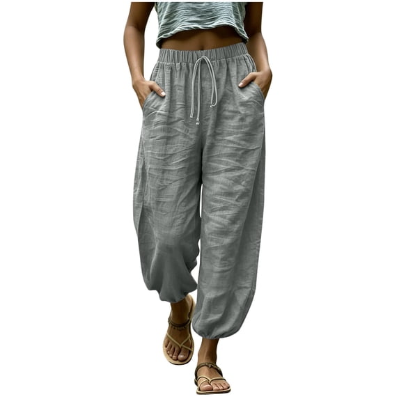 RQYYD Women's Drawstring Linen Lantern Pants Casual Loose Lightweight Breathable Comfortable Boho Trousers