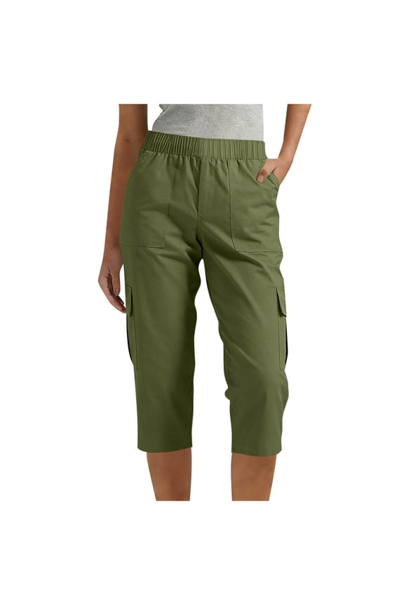 Women's Elastic High Waist Cargo Capri Pants with Side Pockets Casual Utility Trousers for Streetwear