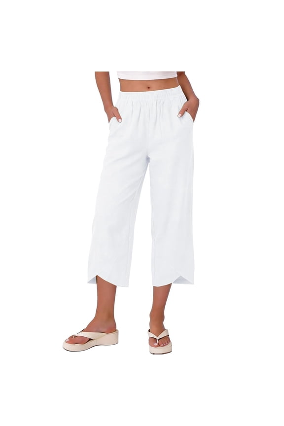Women's Elastic Waist Cropped Pants Casual Loose Tulip Hem Trousers Lightweight Summer Beach Bottoms with Pockets
