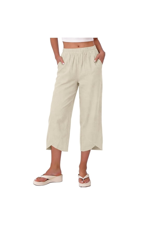 Women's Elastic Waist Cropped Pants Casual Loose Tulip Hem Trousers Lightweight Summer Beach Bottoms with Pockets