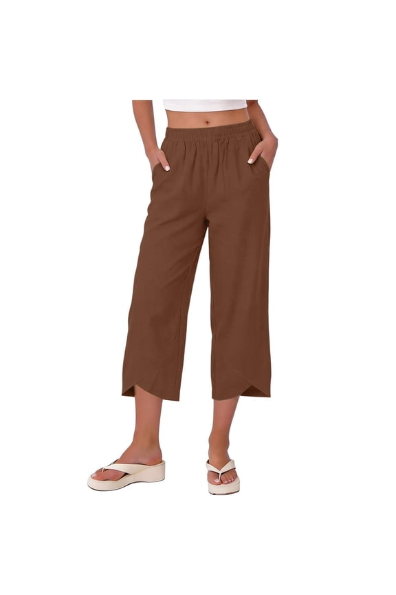 Women's Elastic Waist Cropped Pants Casual Loose Tulip Hem Trousers Lightweight Summer Beach Bottoms with Pockets