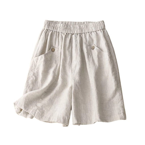 RQYYD Women's Elastic Waist Linen Shorts Casual Loose Button Pocket Lightweight Summer Beach Daily Wear Bottoms