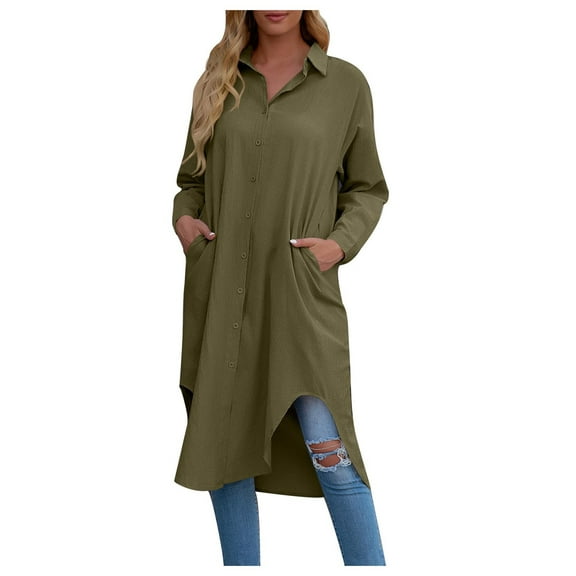 RQYYD Women's Fall Long Sleeve Shirts Button Down Blouse Cotton Tunic High Low Tops