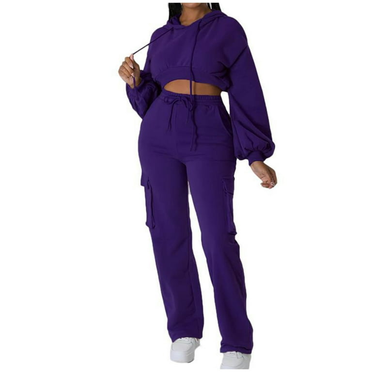 RQYYD Women's Fashion Outfits Tracksuit Drawstring Hooded Sweatshirt and  Pocket Sweatpants Casual Sports 2 Piece Set Trouser Suit Purple M 