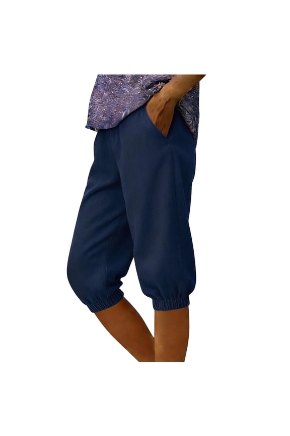 Women's Faux Denim Cropped Harem Pants Lightweight Casual Capri Trousers with Pockets for Women